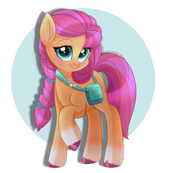 Size: 1024x1024 | Tagged: safe, artist:mimijuliane, sunny starscout (mlp), earth pony, equine, fictional species, mammal, pony, feral, hasbro, my little pony, my little pony g5, spoiler, spoiler:my little pony g5, 2021, badge, bag, blank flank, blushing, braid, coat markings, cute, cutie mark, female, hair, hooves, implied fluttershy, implied rainbow dash, implied twilight sparkle, looking at you, mare, pins, raised hoof, satchel, smiling, socks (leg marking), solo, solo female, speculation, tail, unshorn fetlocks