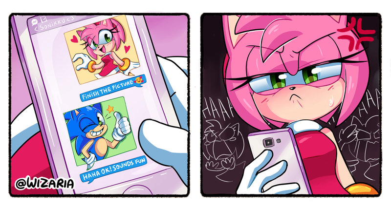 71697 - safe, artist:wizaria, amy rose (sonic), sonic the hedgehog (sonic),  hedgehog, mammal, sega, sonic the hedgehog (series), 2021, angry, comic,  cross-popping veins, dialogue, duo, female, funny, male, male/female,  phone, quills, rage