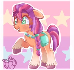 Size: 2048x1944 | Tagged: safe, artist:bunnylabunny, sunny starscout (mlp), earth pony, equine, fictional species, mammal, pony, feral, hasbro, my little pony, my little pony g5, spoiler, spoiler:my little pony g5, 2021, bag, braid, coat markings, female, hair, hooves, mare, one hoof raised, raised hoof, smiling, socks (leg marking), solo, solo female, speculation, tail, unshorn fetlocks