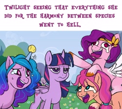Size: 4096x3676 | Tagged: safe, artist:lilpinkghost, izzy moonbow (mlp), pipp petals (mlp), sunny starscout (mlp), twilight sparkle (mlp), alicorn, earth pony, equine, fictional species, mammal, pegasus, pony, unicorn, feral, friendship is magic, hasbro, my little pony, my little pony g5, spoiler, spoiler:my little pony g5, 2021, ball, braid, childproof horn, circlet, feathered wings, feathers, female, folded wings, generation leap, gradient mane, gradient tail, hair, high res, hooves, laughing, mare, not amused face, quartet, speculation, tail, text, unshorn fetlocks, white wings, wings