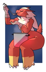 Size: 1038x1621 | Tagged: safe, artist:potoobrigham, bird, blaziken, fictional species, anthro, nintendo, pokémon, 2021, big butt, blonde hair, border, butt, chest fluff, colored sclera, cooking, cooking pot, eyes closed, female, fluff, fur, hair, hand hold, holding, mundane utility, red body, red fur, short tail, sitting, socks (leg marking), solo, solo female, starter pokémon, steam, tail, thick thighs, thighs, yellow body, yellow fur, yellow sclera