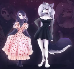 Size: 1024x949 | Tagged: safe, artist:marbola, loona (vivzmind), octavia (vivzmind), bird, bird of prey, canine, demon, fictional species, hellhound, mammal, owl, anthro, digitigrade anthro, hazbin hotel, helluva boss, breasts, chest fluff, cleavage, clothes, collar, colored sclera, dress, duo, duo female, feathers, female, females only, fluff, hair, little black dress, long hair, red sclera, shoulder fluff, tail, tail fluff, teenager