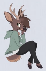 Size: 859x1306 | Tagged: safe, artist:aseethe, oc, oc only, oc:reed (cervinelooks), cervid, deer, mammal, anthro, unguligrade anthro, 2021, antlers, bottomwear, brown body, brown fur, brown hair, chest fluff, clothes, digital art, fluff, fur, green eyes, hair, hoodie, hooves, male, multicolored fur, pants, simple background, smiling, solo, solo male, tail, topwear, white background
