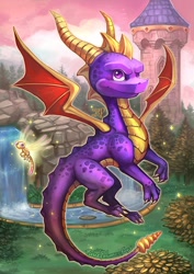 Size: 700x990 | Tagged: safe, artist:renewitch, sparx (spyro), spyro the dragon (spyro), arthropod, dragon, dragonfly, fictional species, insect, western dragon, feral, spyro the dragon (series), duo, duo male, male, males only, scenery, smiling, spread wings, wings