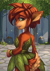Size: 800x1131 | Tagged: safe, artist:renewitch, elora (spyro), faun, fictional species, mammal, anthro, spyro the dragon (series), clothes, dress, female, green eyes, looking at you, looking back, scenery, smiling, solo, solo female