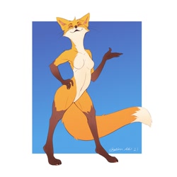 Size: 1200x1200 | Tagged: safe, artist:galinnarts, oc, oc only, canine, fox, mammal, anthro, digitigrade anthro, barbie doll anatomy, breasts, eyes closed, featureless breasts, featureless crotch, female, smiling, solo, solo female, vixen