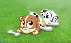 Size: 1280x780 | Tagged: safe, artist:rainbow eevee, marshall (paw patrol), rubble (paw patrol), bulldog, canine, dalmatian, dog, mammal, feral, nickelodeon, paw patrol, black nose, bone, clumsy, collar, digital art, duo, duo male, ears, fur, lying down, male, males only, paws, spotted body, spotted fur, tail
