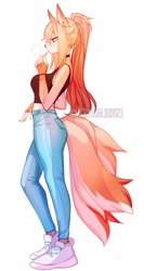 Size: 1087x2048 | Tagged: safe, artist:crystalink421, oc, oc only, canine, fox, mammal, anthro, plantigrade anthro, bottomwear, choker, clothes, female, jeans, pants, pocky, sneakers, solo, solo female, tank top, topwear, vixen
