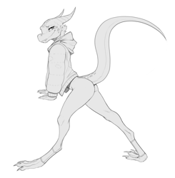 Size: 2893x2953 | Tagged: suggestive, artist:waga, fictional species, kobold, reptile, ambiguous gender, bottomless, butt, clothes, high res, hoodie, horns, monochrome, nudity, partial nudity, raised tail, simple background, solo, solo ambiguous, tail, topwear, white background