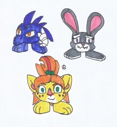 Size: 1120x1212 | Tagged: safe, artist:spaton37, judy hopps (zootopia), princess ember (mlp), canine, dragon, fictional species, fox, goomba (mario), lagomorph, mammal, monster, rabbit, anthro, feral, semi-anthro, disney, friendship is magic, hasbro, mario (series), my little pony, zootopia, crossover, dragoness, female, females only, goombafied, horns, not salmon, simple background, skylanders (series), tessa (skylanders), traditional art, trio, trio female, vixen, wat, white background