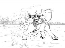 Size: 1280x963 | Tagged: safe, artist:ebonyleopard, rocky (paw patrol), dog, mammal, mutt, feral, nickelodeon, paw patrol, 2019, bag, black nose, cap, clothes, collar, digital art, ears, firearm, fur, hat, looking at you, male, monochrome, solo, solo male, tail, weapon
