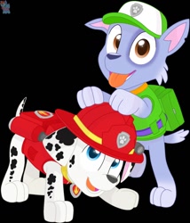 Size: 1094x1280 | Tagged: safe, artist:rainbow eevee, marshall (paw patrol), rocky (paw patrol), canine, dalmatian, dog, mammal, mutt, feral, nickelodeon, paw patrol, 2020, bag, black nose, cap, clothes, collar, digital art, ears, fur, hat, helmet, looking at you, male, open mouth, tail, tongue