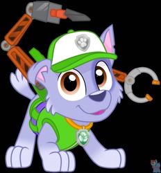 Size: 1187x1280 | Tagged: safe, artist:rainbow eevee, rocky (paw patrol), dog, mammal, mutt, feral, nickelodeon, paw patrol, 2020, bag, black nose, cap, clothes, collar, digital art, ears, fur, hat, looking at you, male, open mouth, solo, solo male, tail