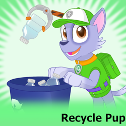 Size: 1024x1024 | Tagged: safe, artist:rainbow eevee, rocky (paw patrol), dog, mammal, mutt, feral, nickelodeon, paw patrol, 2020, bag, black nose, cap, clothes, collar, digital art, ears, fur, hat, looking at you, male, open mouth, solo, solo male, tail, trash can