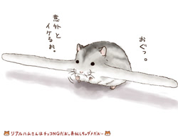Size: 575x450 | Tagged: safe, artist:はむすけ（兎側公弼）, hamster, mammal, rodent, feral, 2010, ambiguous gender, japanese text, pocky, solo, solo ambiguous