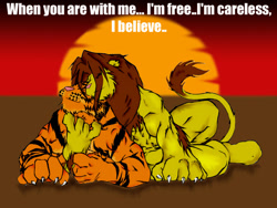 Size: 800x600 | Tagged: safe, artist:grisser, artist:navajo, big cat, feline, lion, mammal, tiger, duo, duo male, lying on someone, lying on the ground, male, males only, muscles, muscular male, orange sky, outdoors, snuggling, sun, sunset, text