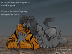 Size: 1024x768 | Tagged: safe, artist:grisser, artist:navajo, big cat, feline, lion, mammal, tiger, anthro, duo, duo male, fur, gray body, gray fur, gray sky, lying on someone, lying on the ground, male, males only, muscles, outdoors, snuggling, text