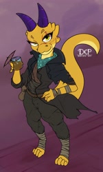 Size: 2282x3811 | Tagged: safe, artist:dep, fictional species, kobold, reptile, anthro, alcohol, blood, bottomwear, clothes, drink, high res, horns, jacket, male, pants, solo, solo male, tail, topwear