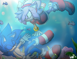 Size: 1050x806 | Tagged: safe, artist:laylama203, amy rose (sonic), sonic the hedgehog (sonic), fish, hedgehog, mammal, anthro, sega, sonic the hedgehog (series), 2020, bubbles, clothes, drowning, duo, eyes closed, female, male, male/female, ocean, quills, rescue, seaweed, shipping, sonamy (sonic), sunlight, swimming, unconscious, underwater, water