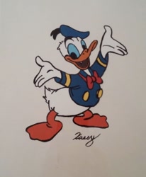 Size: 490x596 | Tagged: safe, artist:sketchartist122, donald duck (disney), bird, duck, waterfowl, anthro, disney, mickey and friends, animation cel, beak, feathers, irl, looking at you, male, open beak, open mouth, photo, photographed artwork, simple background, smiling, solo, solo male, white background, white feathers