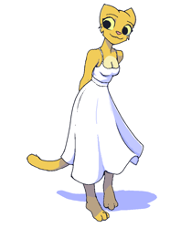 Size: 780x1047 | Tagged: safe, artist:filthypally, oc, oc:katia managan, feline, fictional species, khajiit, mammal, anthro, prequel (webcomic), cc by-nc, creative commons, the elder scrolls, 2020, adorasexy, alternate costume, alternate outfit, barefoot, bethesda softworks, breasts, cleavage, clothes, colored sclera, cute, dress, female, fur, paws, sexy, simple background, solo, solo female, sundress, webcomic, white background, yellow body, yellow fur, yellow sclera