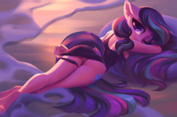 Size: 2993x1977 | Tagged: suggestive, artist:jumperkit, oc, oc only, oc:serenity pond, earth pony, equine, fictional species, mammal, pony, anthro, unguligrade anthro, hasbro, my little pony, adorasexy, anthrofied, beach, breasts, butt, clothes, crossed legs, cute, female, floppy ears, hooves, looking at you, looking back, looking back at you, one eye closed, sexy, sideboob, solo, solo female, sunrise, swimsuit, teasing, wave