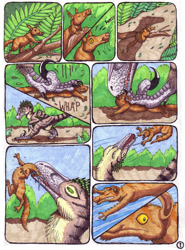 Size: 804x1085 | Tagged: safe, artist:ixerin, oc, oc:ixerin (ixerin), deinonychus, dinosaur, mammal, raptor, theropod, feral, comic:terror of the cretaceous jungle, comic, duo, female, predation, size difference