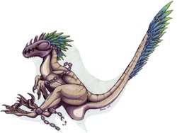 Size: 1100x826 | Tagged: safe, artist:ixerin, dinosaur, raptor, theropod, utahraptor, feral, 2009, chains, manacles, muzzle, solo