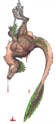 Size: 400x883 | Tagged: safe, artist:ixerin, oc, oc:cayro (cayro), oc:ixerin (ixerin), deinonychus, dinosaur, raptor, theropod, feral, 2009, blood, female, harness, semi-grimdark, solo, solo female, tack, upside down