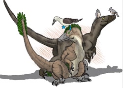 Size: 883x633 | Tagged: safe, artist:ixerin, oc, oc:ixerin (ixerin), bird, blue-footed booby, booby, deinonychus, dinosaur, raptor, theropod, feral, 2010, female, group, tit