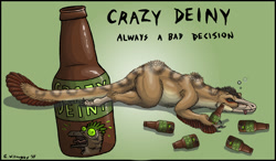 Size: 1100x641 | Tagged: safe, artist:ixerin, oc, oc:echrei, dinosaur, raptor, theropod, utahraptor, 2011, alcohol, beer, bottle, drink, drunk, solo