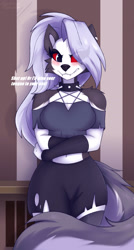 Size: 1250x2325 | Tagged: safe, artist:shadowreindeer, loona (vivzmind), canine, fictional species, hellhound, mammal, anthro, hazbin hotel, helluva boss, 2021, black body, black fur, black nose, blushing, bottomwear, breasts, clothes, collar, colored sclera, crossed arms, cute, cute little fangs, dialogue, ear piercing, ears, eye through hair, eyebrow through hair, eyebrows, eyelashes, eyeshadow, fangs, female, fingerless gloves, fluff, front view, fur, glistening, glistening hair, gloves, hair, legwear, long hair, looking away, makeup, multicolored fur, piercing, red sclera, sharp teeth, shoulder fluff, solo, solo female, spiked collar, tail, talking, teeth, thigh highs, thighs, topwear, tsundere, vulgar, white body, white eyes, white fur, white hair