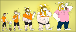 Size: 2670x1117 | Tagged: safe, artist:axiomtf, asgore dreemurr (undertale), bovid, goat, human, mammal, anthro, undertale, artiat:furii, duo, duo male, male, males only, size difference, transformation, transformation sequence