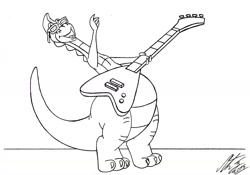 Size: 1280x894 | Tagged: safe, artist:morteneng22, denver (denver the last dinosaur), dinosaur, duck-billed dinosaur, reptile, semi-anthro, denver the last dinosaur, 2d, flying v, guitar, male, monochrome, musical instrument, solo, solo male
