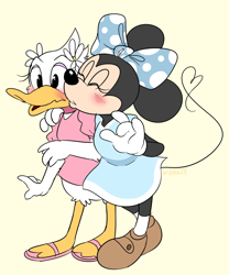 Size: 998x1200 | Tagged: safe, artist:kipaki, daisy duck (disney), minnie mouse (disney), bird, duck, mammal, mouse, rodent, waterfowl, anthro, disney, mickey and friends, 2d, beak, black body, black fur, blushing, bow, clothes, dress, duo, duo female, eyelashes, eyes closed, feathers, female, female/female, females only, flower, flower in hair, fur, hair, hair accessory, hair bow, kissing, minsy (disney), murine, open beak, open mouth, sandals, shoes, tail, white feathers