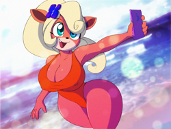 Size: 1200x900 | Tagged: safe, artist:dracojeff, coco bandicoot (crash bandicoot), bandicoot, mammal, marsupial, anthro, crash bandicoot (series), 2021, beach, big breasts, black nose, breasts, clothes, digital art, ears, erect nipples, female, fur, hair, nipple outline, one-piece swimsuit, red swimsuit, selfie, solo, solo female, swimsuit, tail, thighs, wide hips