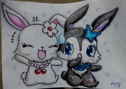Size: 1200x848 | Tagged: safe, artist:cindy rabbito, luea (jewelpet), ruby (jewelpet), lagomorph, mammal, rabbit, semi-anthro, jewelpet (sanrio), sanrio, duo, duo female, ears, eyes closed, female, females only, open mouth, stars, tail, tongue, traditional art