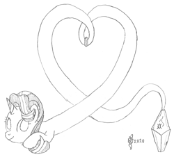 Size: 1329x1200 | Tagged: safe, artist:parclytaxel, starlight glimmer (mlp), equine, fictional species, genie, genie pony, mammal, pony, unicorn, feral, friendship is magic, hasbro, my little pony, bottle, female, line art, long glimmer, looking at you, monochrome, pencil drawing, smiling, solo, solo female, traditional art