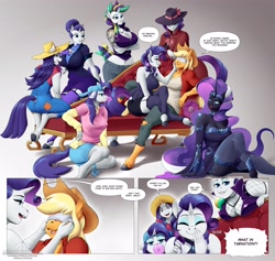 Size: 4096x3886 | Tagged: suggestive, artist:amaraburrger, applejack (mlp), nightmare rarity (mlp), rarity (mlp), earth pony, equine, fictional species, mammal, pony, unicorn, anthro, unguligrade anthro, friendship is magic, hasbro, idw my little pony, my little pony, alternate hairstyle, alternate timeline, anthrofied, backwards ballcap, baseball cap, blindfold, blonde hair, blonde tail, blue eyes, bottomwear, breasts, bubblegum, cap, clothes, couch, crossed arms, cutie mark, disguise, eyebrows, eyelashes, eyes closed, female, female/female, fur, hair, hair bun, harem, hat, hooves, horn, kneeling, licking, licking lips, long hair, multeity, open mouth, orange body, orange fur, punk, purple hair, purple tail, self paradox, short hair, side slit, sitting, skirt, speech bubble, surprised, tail, tattoo, teal hair, teal tail, tongue, tongue out, yellow hair, yellow tail