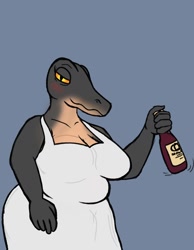 Size: 1400x1800 | Tagged: safe, artist:continuity, oc, oc only, crocodile, crocodilian, reptile, anthro, alcohol, bedroom eyes, big breasts, blue background, blushing, breasts, cleavage, clothes, dress, drink, female, holding object, looking at you, mature, mature female, simple background, slightly chubby, smiling, solo, solo female, wine, wine bottle