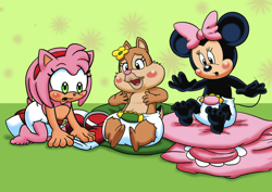 Size: 1248x883 | Tagged: safe, artist:artiecanvas, amy rose (sonic), clarice (disney), minnie mouse (disney), chipmunk, hedgehog, mammal, mouse, rodent, anthro, disney, mickey and friends, sega, sonic the hedgehog (series), 2014, 2d, age regression, baby, crossover, cushion, diaper, female, females only, murine, trio, trio female, young, younger