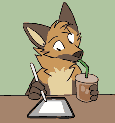 Size: 559x598 | Tagged: safe, artist:theroguez, oc, oc only, oc:rayj (theroguez), canine, coydog, coyote, dog, hybrid, mammal, 2d, 2d animation, animated, drawing, drink, drinking, drinking straw, female, frame by frame, gif, solo, solo female
