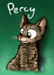 Size: 1200x1650 | Tagged: safe, artist:rainbow eevee, part of a set, canine, cat, dog, feline, mammal, bust, cute, digital art, fundraiser, fur, gradient background, green background, green eyes, grin, happy, looking down, pet, pointy ears, portrait, simple background, striped fur, text, watermark, whiskers