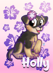 Size: 1200x1650 | Tagged: safe, artist:rainbow eevee, part of a set, canine, dog, mammal, brown eyes, bust, chest fluff, colorful, cute, digital art, female, floppy ears, flower, fluff, fundraiser, fur, gradient background, happy, lei, multicolored fur, open mouth, pet, portrait, pretty, puppy, sitting, watermark, young