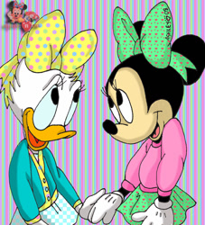 Size: 1044x1152 | Tagged: safe, artist:magical-mama, daisy duck (disney), minnie mouse (disney), bird, duck, mammal, mouse, rodent, waterfowl, anthro, disney, mickey and friends, minnie 'n me, 2018, 2d, beak, black body, black fur, bow, cute, duo, duo female, feathers, female, females only, fur, hair bow, looking at each other, open beak, open mouth, smiling, white feathers, young