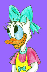 Size: 428x648 | Tagged: safe, artist:magical-mama, daisy duck (disney), bird, duck, waterfowl, disney, mickey and friends, minnie 'n me, 2d, beak, bow, bust, cute, feathers, female, hair bow, looking at something, open beak, open mouth, purple background, simple background, smiling, solo, solo female, white feathers, young, younger