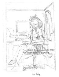 Size: 450x583 | Tagged: safe, artist:baron engel, oc, oc only, oc:joanne, canine, dog, mammal, anthro, plantigrade anthro, bottomwear, chair, clothes, computer, desk, female, headset, necktie, office, shirt, shoes, sketch, skirt, solo, solo female, topwear, traditional art, watermark