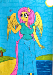 Size: 2063x2908 | Tagged: safe, artist:killerteddybear94, fluttershy (mlp), arthropod, butterfly, equine, fictional species, insect, mammal, pegasus, pony, anthro, friendship is magic, hasbro, my little pony, anthrofied, female, high res, lake, solo, solo female, water