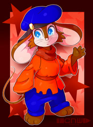 Size: 766x1043 | Tagged: safe, artist:cnwgraphis, fievel mousekewitz (an american tail), mammal, mouse, rodent, anthro, an american tail, sullivan bluth studios, 2d, brown body, brown fur, clothes, fur, hat, looking at you, male, solo, solo male, young