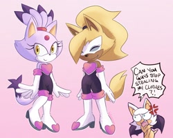 Size: 2048x1640 | Tagged: safe, artist:hellovivirose, blaze the cat (sonic), rouge the bat (sonic), whisper the wolf (sonic), bat, canine, cat, feline, mammal, wolf, anthro, idw sonic the hedgehog, sega, sonic the hedgehog (series), 2021, amber eyes, angry, blonde hair, blonde tail, boots, clothes, covering, covering breasts, covering crotch, cross-popping veins, cute, cute little fangs, dipstick tail, duo focus, eyelashes, eyes closed, faic, fangs, female, females only, gloves, gradient background, hair, looking at you, mask (facial marking), nudity, open mouth, outfit swap, pink background, shoes, short tail, smiling, smiling at you, speech bubble, tail, teeth, trio, trio female, unamused, webbed wings, wings